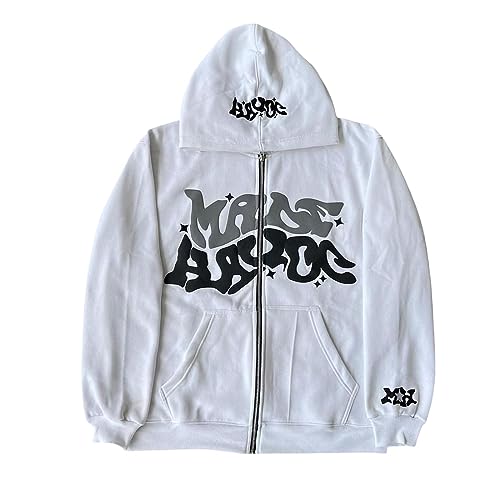 ZENMANCHEN Y2k Hoodies Puffdruck Hoodie Grunge Graphic Zip Up Hoodies Y2k Jacke Hip Hop Streetwear Ästhetische Sweatshirts, 1-weiß, Small von ZENMANCHEN