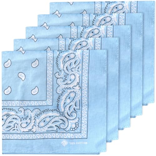 ZENO Hellblau Bandana – 100% Baumwolle & Natürliche Fasern – Hellblau Halstuch Ohne Polyester – Hochwertig, Weich, Langlebig & Waschmaschinenfest – Bandana Herren & Damen – Unisex & Kinder - 5 Pack von ZENO
