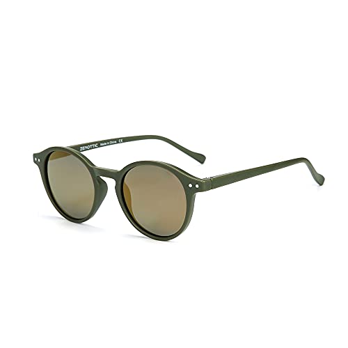 ZENOTTIC Sonnenbrille Polarisiert Rund Retro Klassisch UV 400 Schutz Vintage Rahmen für Herren Damen (MATT GRÜN + REFLEXION GELB) von ZENOTTIC