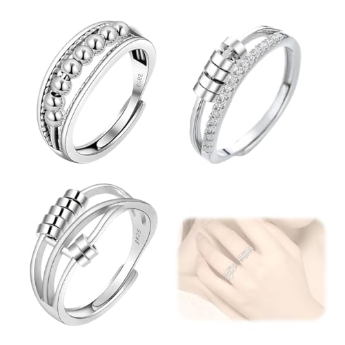 3 Silber Damenringe, Angst Spinning Ringe für Damen,Offener Ringe Fidget Spinner Ringe, Zirkonia Zappelringe, Verstellbare Stapelbare für Stress Abbauen von ZENQARI