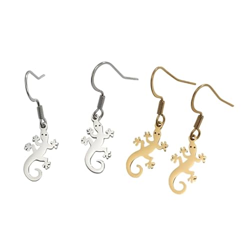 2 Paar Hip Hop Minimalistische Eidechse Gecko Ohrringe Damen 18K Glänzend Schliff Edelstahl Tier Ohrringe von ZENRUIMING