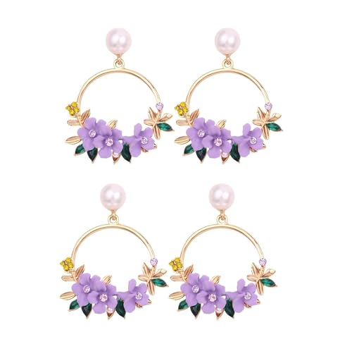 2 Paar elegante violette Blumen-Creolen mit Kunstperlen-Strasssteinen – floraler Hochzeits- und Verlobungsschmuck für Frauen von ZENRUIMING