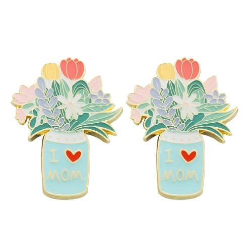 2 Stück I Love Mom Emaille Blumenvase Pins - Tulpe Nelke Bouquet Revers Broschen für Mama - Legierung Geschenkset für Muttertag Geburtstag von ZENRUIMING
