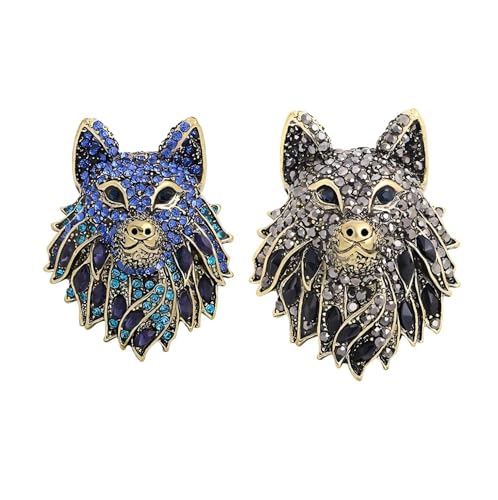2 Stück Vintage Wolfskopf Brosche Herren Galvanisierte Zinklegierung Strass Wolf Totem Tier Anstecknadel Anzug Hemd Kleid Metall Abzeichen Corsage von ZENRUIMING