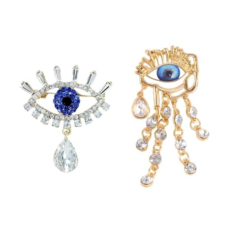 2 Stück Vollstrass Teufelsaugen-Brosche mit Quaste funkelnder Kristall türkisch blaues Auge Pin Vintage Glücksschutz Pin Damen Anzug Kleid Smoking Hemd Zubehör von ZENRUIMING
