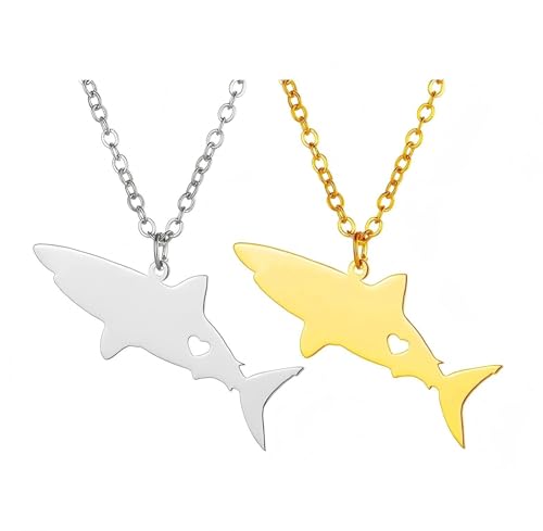 2 minimalistische Haifischwal-Halsketten mit herzförmiger Tier-Silhouette aus poliertem Titanstahl Anhänger für Herren und Damen im Freien Freizeitzubehör von ZENRUIMING