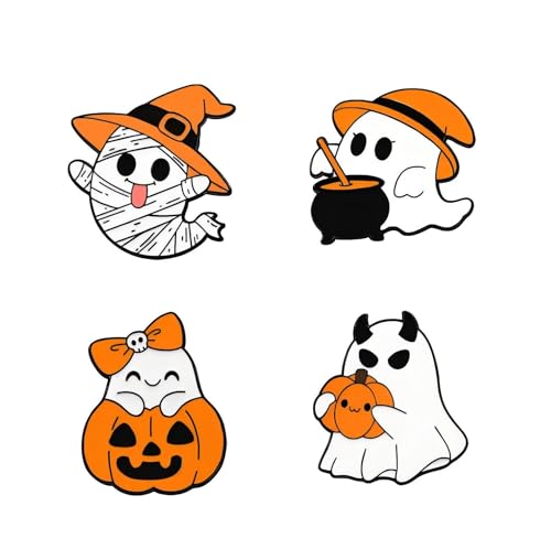 Halloween Ghost Emaille Pins 4er Set - Niedliche Cartoon Hexe Geister mit Kürbis, Totenkopf Schleife, Teufel - 3.0 cm Metall Anstecknadeln für Jacken, Taschen, Halloween Party Favors von ZENRUIMING