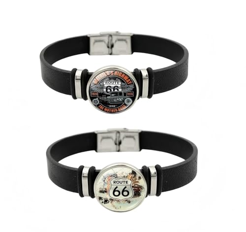 Route 66 Leder-Glas-Armbänder, Retro-Highway-Armbänder, Vintage-Reise-Souvenir-Schmuck für Männer und Frauen, 2 Stück von ZENRUIMING