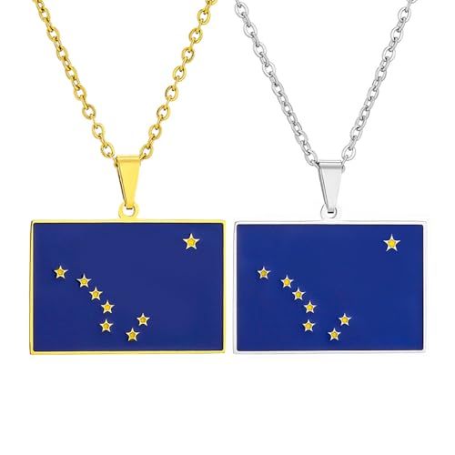 ZENRUIMING 2 Stück Alaska State Flag Rechteckige Anhänger Halskette Ethnische Edelstahl Halskette Herren und Damen US-Bundesstaatsflagge Zubehör von ZENRUIMING