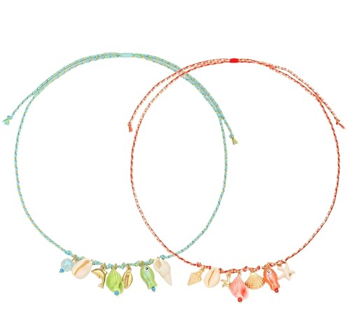 ZENRUIMING 2 Stück Sommer Ozean Strand Muschel Seestern Conch Geflochtene Seil Halskette Damen Bohemian Marine Life Bunte Seil Keramik Anhänger Sommer Urlaub Party Zubehör von ZENRUIMING