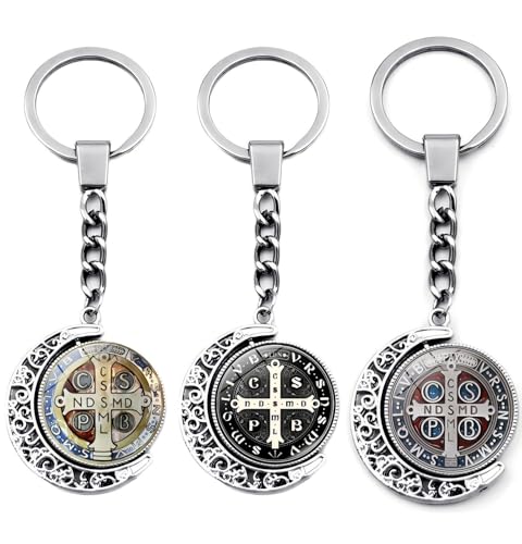 ZENRUIMING 3 Stück doppelseitige rotierende Medaille Heiliger Benedikt Schlüsselanhänger Religiöser Katholischer Kristall 3D Schlüsselanhänger Zubehör für Autoschlüssel Rucksack Kleidung Auto, von ZENRUIMING