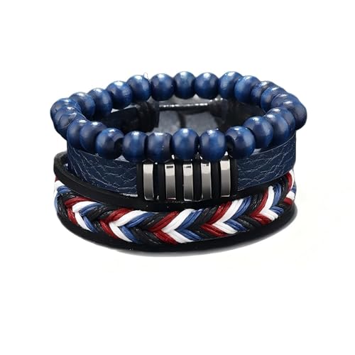 ZENRUIMING 3-teiliges blaues handgefertigtes mehrschichtiges gewebtes Lederarmband-Set, verstellbares Holzperlenarmband, elastisches Armband für Herren von ZENRUIMING