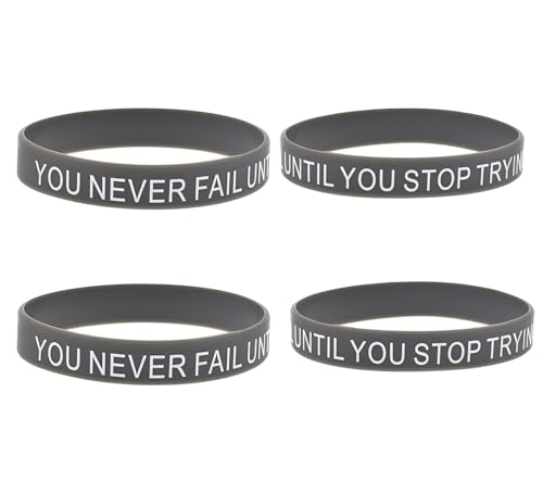 ZENRUIMING 4 inspirierende Silikon-Armbänder mit Aufschrift "You Never Fail Until You Stop Try", positives und optimistisches Armband, für Männer und Frauen, Outdoor-Armbänder für Freunde, Familie von ZENRUIMING