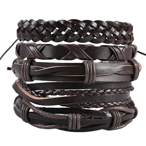 ZENRUIMING 5 Stück Herren Mehrschichtiges geflochtenes Lederarmband Set, verstellbare Vintage-Mode-Armbänder, stapelbares Design, perfekt für lässige Partykleidung von ZENRUIMING
