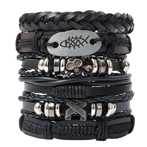 ZENRUIMING 6 Stück Hip-Hop Punk Fischgräten Schädel Leder Kopf Armbänder Herren Geschichtete Handgemachte Geflochtene Leder Armbänder Halloween Thema Party Zubehör von ZENRUIMING