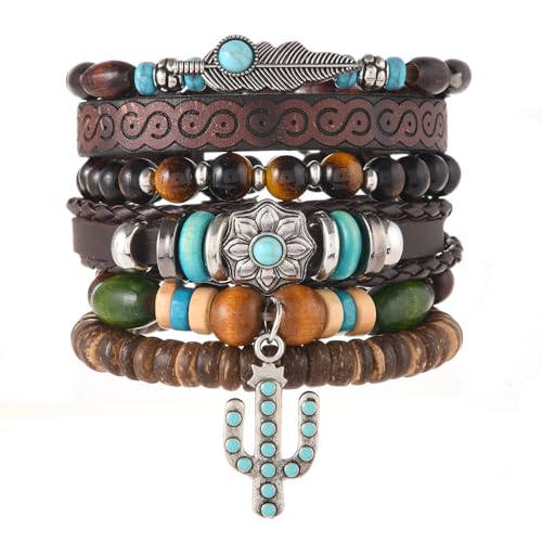ZENRUIMING 6 Stück Vintage Kaktus Pflanze Blätter Blume Lederarmband, Verstellbares Bohemian Handgemachtes Mehrschichtiges Holzperlenarmband für Männer, Perfekt zum Stapeln von ZENRUIMING