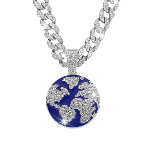 ZENRUIMING Hip Hop Full Strass Blau Erde Halskette Umweltfreundliche Erde Anhänger Kubanische Kette Herren Damen Zinklegierung Chunky Halskette von ZENRUIMING
