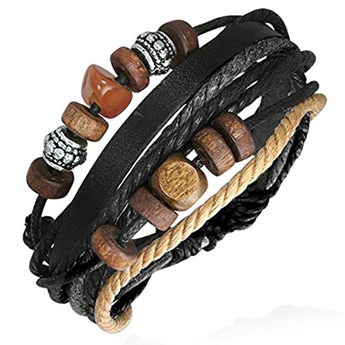 ZENSE - Modernes verstellbares Herrenarmband aus Leder mit Holz und Stahl, schwarz grau braun und beige, Karma-Symbol ZB0106-A von ZENSE