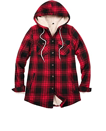 Damen Sherpa gefütterte karierte Flanelljacke Button Down Kapuze Flanell Hemd Jacke mit Eingriffstaschen (alle Sherpa-Futter), Rot/Ausflug, einfarbig (Getaway Solids), L von ZENTHACE