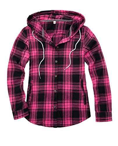 Damen Sherpa gefütterte karierte Flanelljacke Button Down Kapuze Flanell Hemd Jacke mit Eingriffstaschen (alle Sherpa-Futter), Ungefüttert, doppelt gebürstet, Pink, L von ZENTHACE