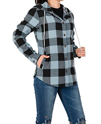 Damen Sherpa gefütterte karierte Flanelljacke Button Down Kapuze Flanell Hemd Jacke mit Eingriffstaschen (alle Sherpa-Futter), Ungefüttert, doppelt gebürstet, eisblau, XL von ZENTHACE