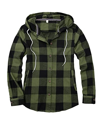 Damen Sherpa gefütterte karierte Flanelljacke Button Down Kapuze Flanell Hemd Jacke mit Eingriffstaschen (alle Sherpa-Futter), Ungefüttert, doppelt gebürstet, kariert, Armeegrün, XL von ZENTHACE
