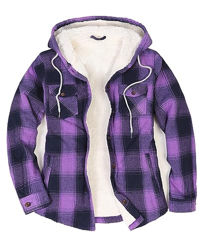 Damen Sherpa gefütterte karierte Flanelljacke Button Down Kapuze Flanell Hemd Jacke mit Eingriffstaschen (alle Sherpa-Futter), Violett, XXL von ZENTHACE