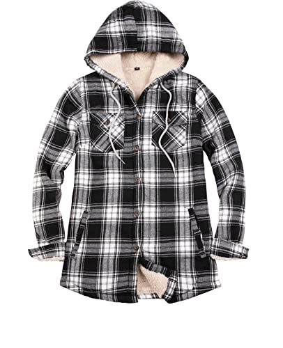 ZENTHACE Flanelljacke für Damen, Sherpa-Futter, kariert, Knopfleiste, Kapuze, Flanellhemd, Jacke, warme Jacke (Sherpa-Futter), Schwarz/Weiß, S von ZENTHACE