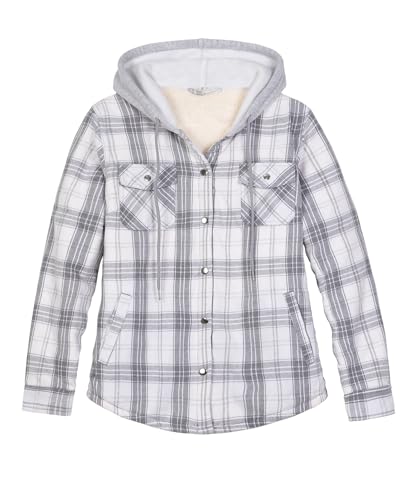 ZENTHACE Damen Flanellhemdjacke mit Kapuze, Sherpa gefüttert, karierte Shacket-Jacken, Druckknopf vorne, Mondstein, S von ZENTHACE