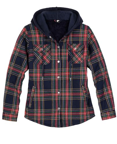 ZENTHACE Damen Flanellhemdjacke mit Kapuze, Sherpa gefüttert, karierte Shacket-Jacken, Druckknopf vorne, Tartan Navy, M von ZENTHACE