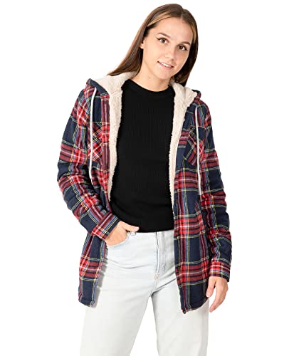 ZENTHACE Damen Sherpa Gefüttert Plaid Flanell Jacke Knopfleiste Kapuze Flanell Hemd Jacke Warm Shacket(Alle Sherpa Futter), Schottenkaro, Rot, S von ZENTHACE