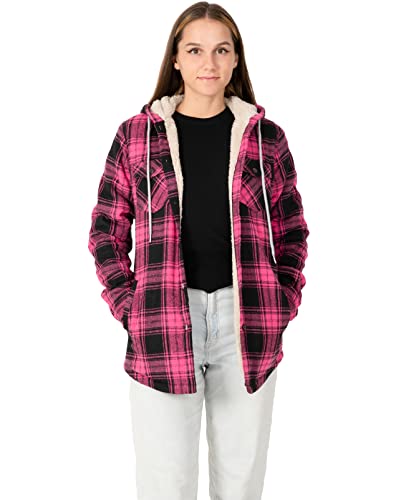 ZENTHACE Flanelljacke für Damen, Sherpa-Futter, kariert, Knopfleiste, Kapuze, Flanellhemd, Jacke, warme Jacke (Sherpa-Futter), Pink, M von ZENTHACE