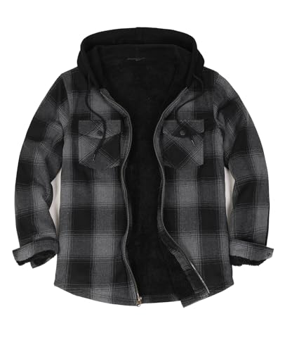 ZENTHACE Herren-Flanell-Hemdjacke mit Kapuze, Sherpa-Futter, kariertes Hemd, Jac, Sherpa-Futter, Grau gewaschen, Large von ZENTHACE