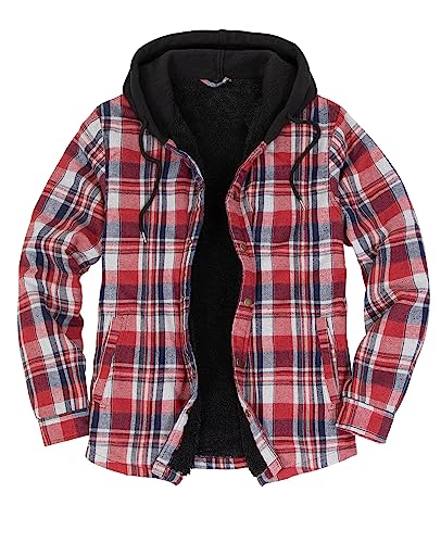 ZENTHACE Herren-Flanell-Hemdjacke mit Sherpa-Futter, Druckknopfleiste, kariert, Jacke mit Kapuze, Rotes Karomuster, XX-Large von ZENTHACE