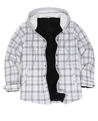 ZENTHACE Herren-Flanell-Hemdjacke mit Sherpa-Futter, Druckknopfleiste, kariert, Jacke mit Kapuze, Silver Scape, XXL von ZENTHACE
