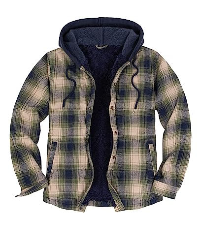 ZENTHACE Herren-Flanell-Hemdjacke mit Sherpa-Futter, Druckknopfleiste, kariert, Jacke mit Kapuze, Teegrün, L von ZENTHACE