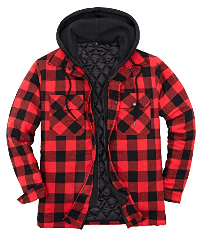 ZENTHACE Herren-Flanell-Hemdjacke mit Kapuze, gesteppt, kariert, kariert, Gesteppt, gefüttert, durchgehender Reißverschluss, klassisches Rot, L von ZENTHACE