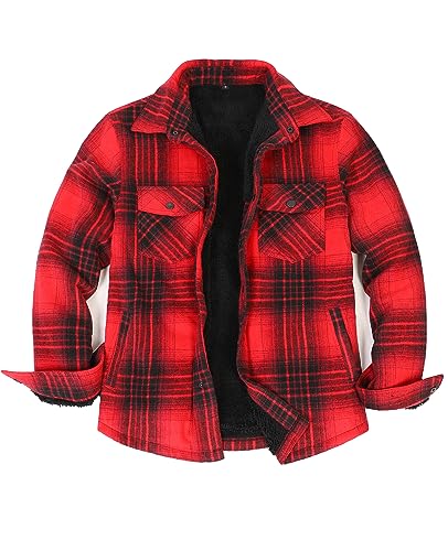ZENTHACE Herren Flanelljacke Sherpa Fleece gefüttert Flanellhemd Jacken für Männer karierte Jacken Herbst Flanellmantel rot M von ZENTHACE