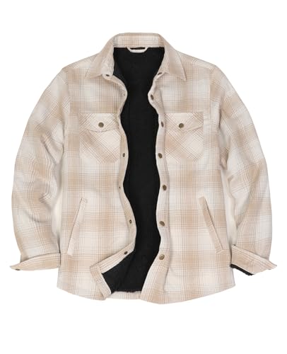 ZENTHACE Herren Flanelljacke Sherpa Fleece gefütterte Flanellhemdjacken für Herren karierte Jacken Herbst Winter Mantel Sunny Khaki S von ZENTHACE