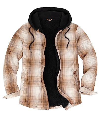 ZENTHACE Herren-Flanell-Hemdjacke mit Sherpa-Futter, Druckknopfleiste, kariert, Jacke mit Kapuze, CAMEL, L von ZENTHACE