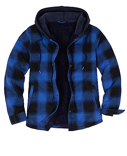 ZENTHACE Herren-Flanell-Hemdjacke mit Sherpa-Futter, Druckknopfleiste, kariert, Jacke mit Kapuze, Blau kariert, XL von ZENTHACE