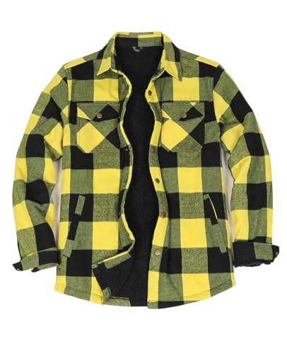ZENTHACE Herren Herbst Shacket Flanelljacke Sherpa Fleece gefüttert Druckknopf hoch kariertes Flanellhemd warme Mantel gelb und schwarz 3XL von ZENTHACE