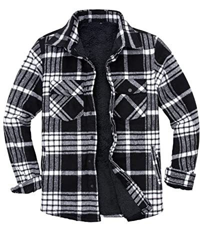ZENTHACE Herren Sherpa Fleece gefüttert Plaid Flanell Shirt Jacke für Männer Snap Button Flanell Jacken (alle Sherpa gefüttert) Schwarz Weiß XXL von ZENTHACE