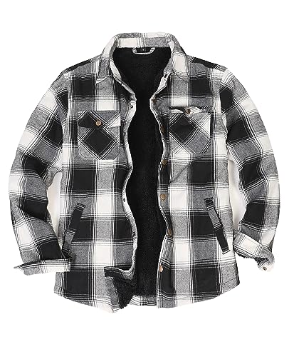 ZENTHACE Herren Sherpa gefüttert Flanell Jacke Fleece gefüttert Cpo Overshirt lässig Arbeit Plaid Flanelle Outdoor Blk-Weiß M von ZENTHACE