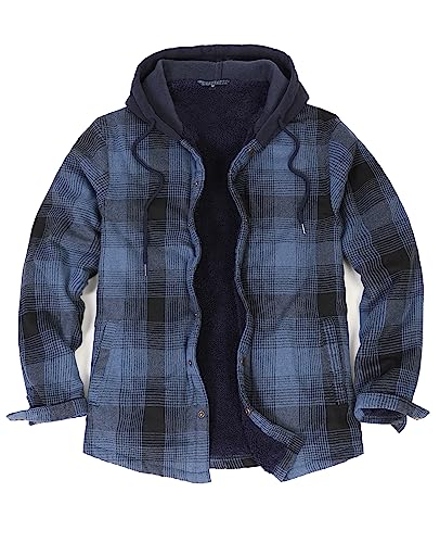 ZENTHACE Herren-Flanell-Hemdjacke mit Sherpa-Futter, Druckknopfleiste, kariert, Jacke mit Kapuze, Marineblau, XXL von ZENTHACE