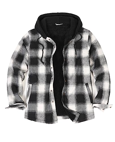 ZENTHACE Herren Sherpa gefütterte Flanellhemd-Jacke, Druckknopf-Down-Jacke, Shacket mit Kapuze, Schwarz, X-Groß von ZENTHACE