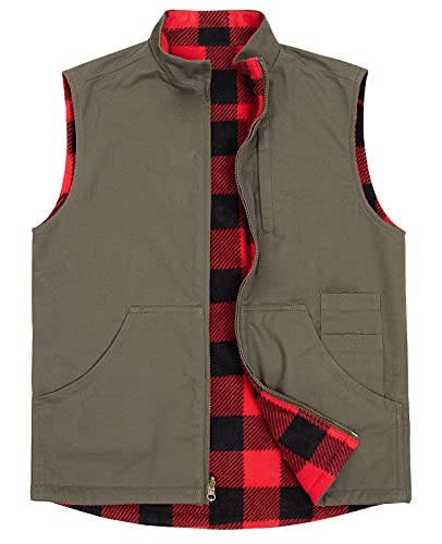 ZENTHACE Wendbare Freizeitweste für Herren, Flanell, Fleece, gefüttert, Outdoor, Arbeit, Safari, Angeln, Reisen, Weste, Armeegrün/Rot kariert, XXL von ZENTHACE