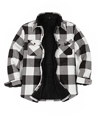 ZENTHACE Herren warm Sherpa gefüttert Fleece Plaid Flanell Shirt Jacke gemütlich Herbst Winter Flanell Jacke Mantel schwarz und weiß S von ZENTHACE