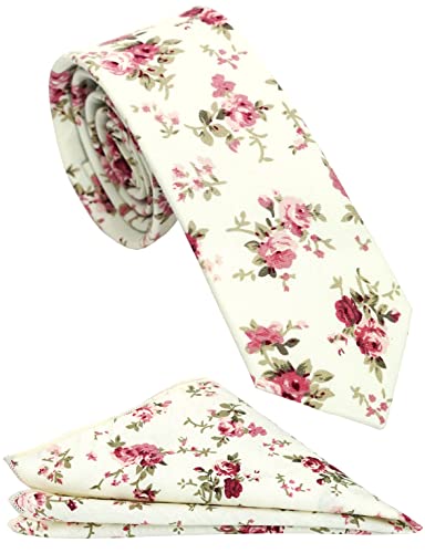 ZENXUS Herren beiläufige dünne blumenbindung combo set mit blumen einstecktuch 2½" Baumwolle krawatte hand made by Skinny #Set-1 von ZENXUS