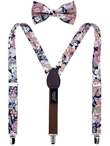 ZENXUS Hosenträger aus Baumwolle mit Blumenmuster und vorgebundener Fliege, Größen von Kleinkindern bis Jugendlichen, 01, Large - (12+ yrs.,＜5.75 ft) von ZENXUS